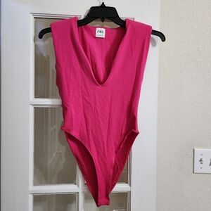 Zara Pink Shoulder Pad Bodysuit Deep V Neck Sleeveless Size Large